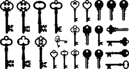Collection of various black keys on white background, including skeleton, heart, and old-fashioned © Graphic Shops