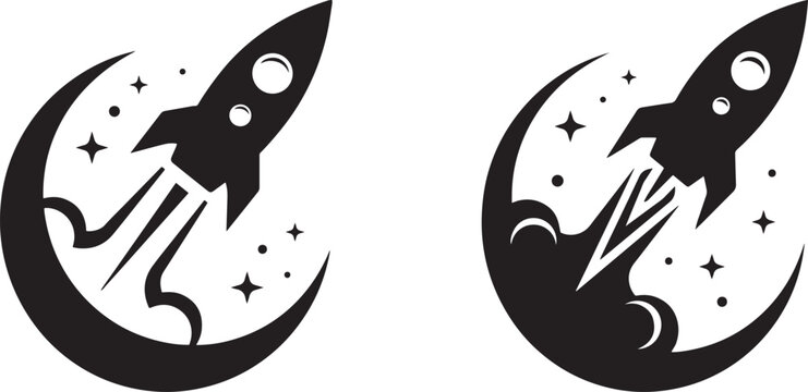 Dynamic set of two stylish rocket ship launch logos soaring past a crescent moon
