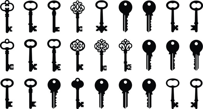 Collection of various black keys on white background, key collection, old keys antique keys
