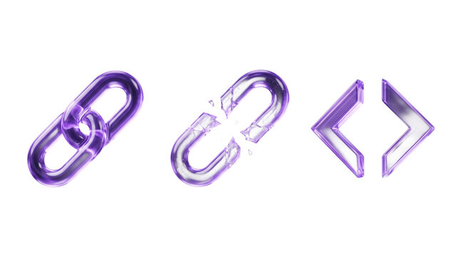 Set of purple glass chain links and programming brackets isolated on white background.