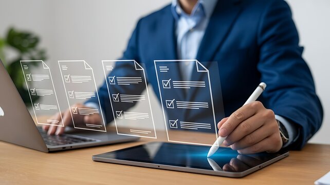 Professional Using Digital Tablet for Electronic Document Management and Automated Workflow Efficiency