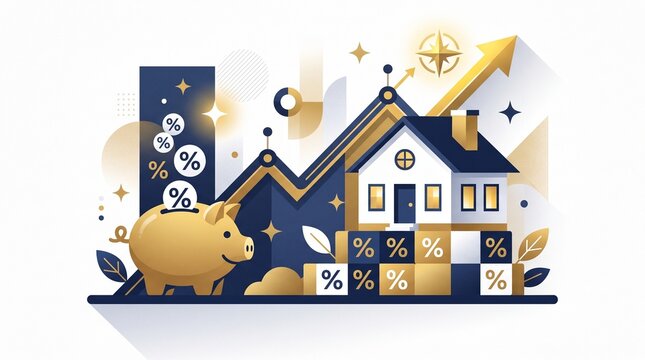 Home Loan and Property Investment Concept with Piggy Bank, House and Rising Arrow Chart