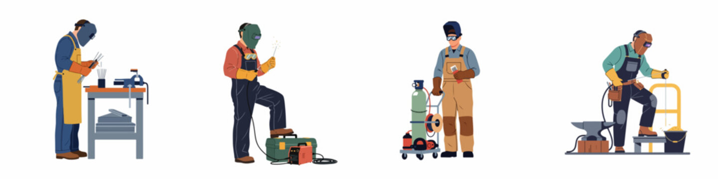 Flat vector illustrations of professional welders in protective gear using welding machines, torches, and tools in an industrial workshop setting on white background.