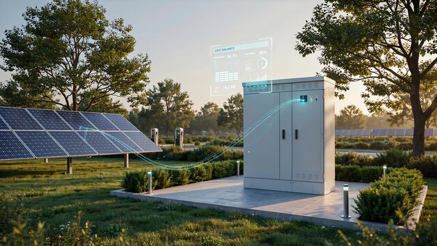 Smart energy storage cabinet with solar panels in sustainable renewable power landscape