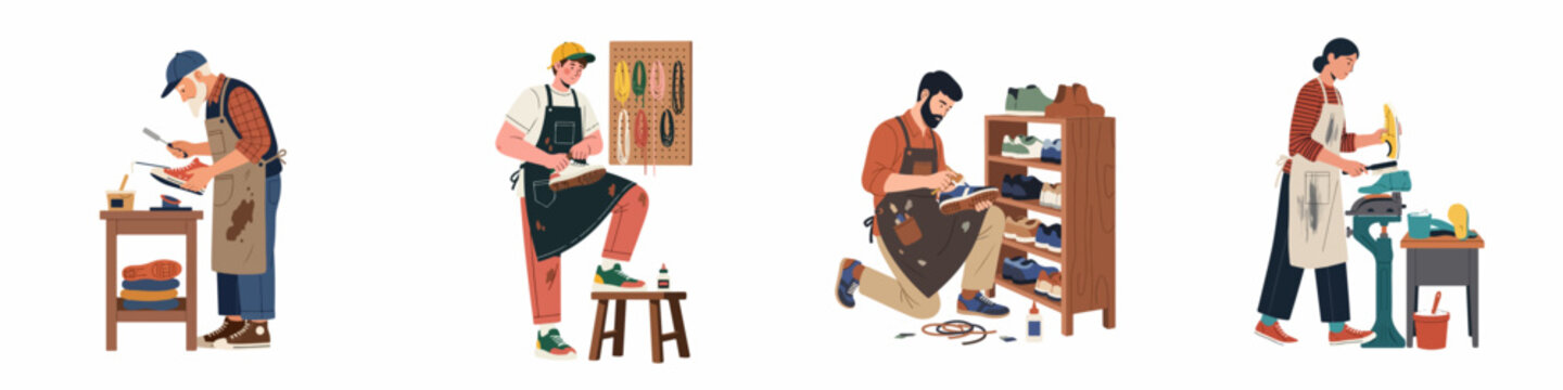 Set of professional cobblers and shoe repairers working in their workshops, fixing, cleaning, and maintaining various types of footwear in a flat illustration style.