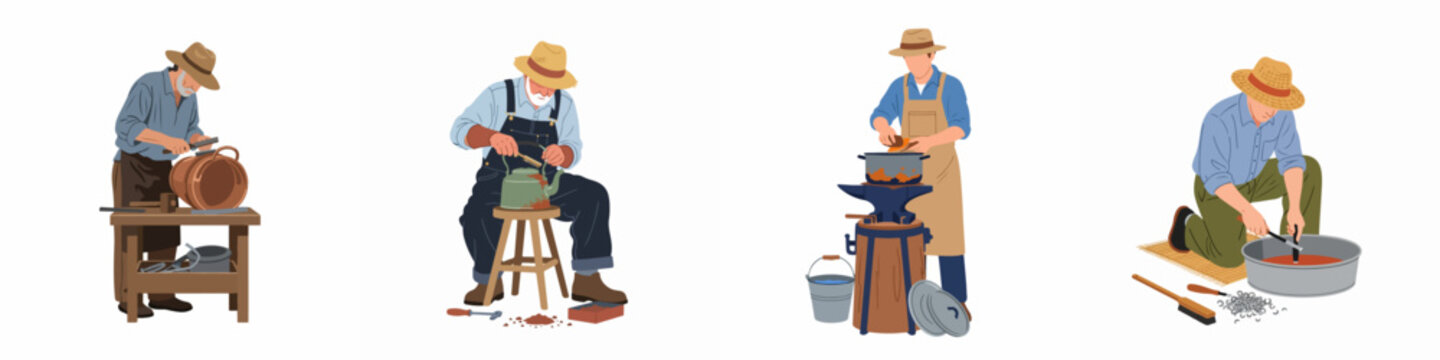 Set of flat vector illustrations showing craftsmen engaged in traditional metalworking, coppersmithing, and tool repair activities on a white background.