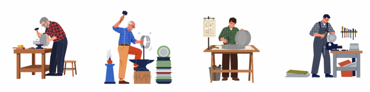 Metalworkers and blacksmiths illustrations showing various men crafting items with traditional tools like hammers and anvils in detailed workshop scenes, isolated on white.