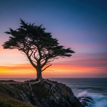 Ancient conifer dramatically shaped by relentless coastal gales, standing strong against the forces of nature in a harsh, elevated environment, storm, mountain, tree
