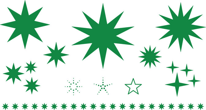 Green Starburst and Sparkle Vector Icon Set with Festive Emerald Stars, Twinkle Elements, Flashes, and Star Patterns for Holiday Graphic Designs and Christmas Themes