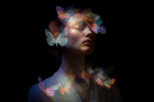 Psychedelic oracle woman portrait with spectral butterflies and soft glow for mystical background poster and wallpaper design