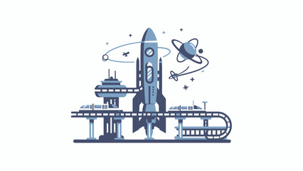 A flat vector illustration of a futuristic space station with a rocket ship © Rajamu