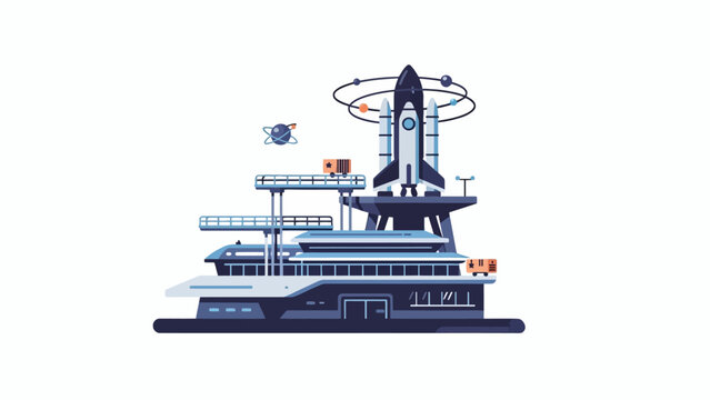 A futuristic space station with a rocket ship ready for launch on a white background