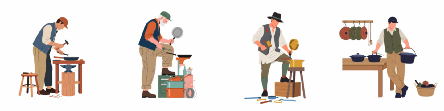 Set of male tinkers and metalworkers illustrations repairing and selling various kitchen pots and pans in their workshops on a white background.