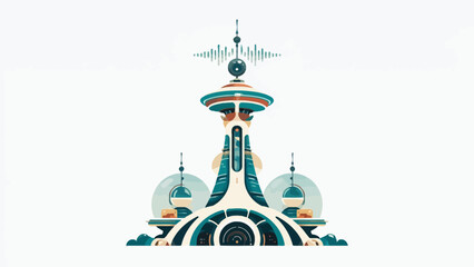 A futuristic communication tower stands against a clean and minimalist white background © Rajamu