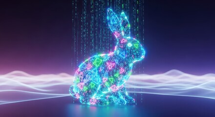 Glowing artistic representation of a rabbit figure constructed entirely from binary code strings and geometric data elements floating in a virtual environment, blue, digital, futuristic