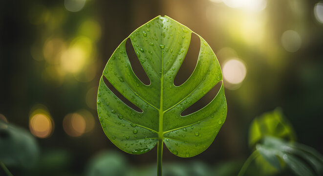 Fresh Monstera deliciosa leaf with dew drops and warm golden sunlight