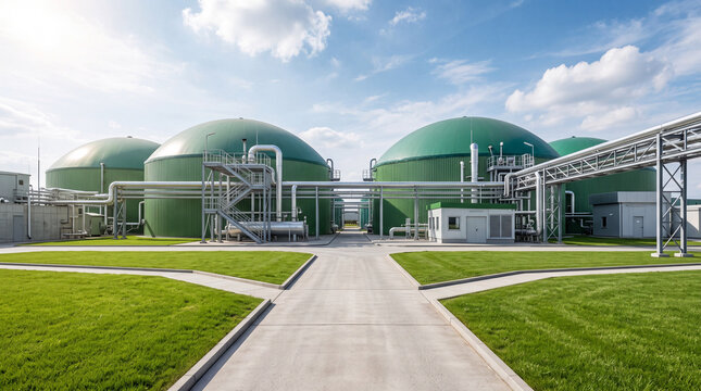 Industrial biogas plant facility with large green anaerobic digestion tanks, metal pipes, and infrastructure under a blue sky with bright white clouds