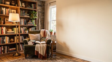 Fototapeta premium Comfortable green armchair with an open book and cozy blanket placed in a warm library room featuring a large empty wall for your custom design