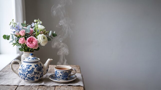 Tea time composition featuring a steaming floral patterned porcelain teapot and cup set with a fresh bouquet of pink and white flowers on wooden table