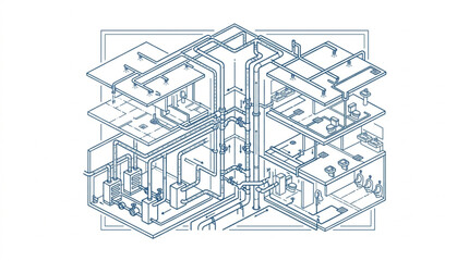 Isometric architectural drawing of a buildings complex plumbing system. © Hanasoz