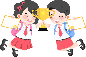 Happy School Children Celebrating Academic Success Holding Gold Trophy Cup and Achievement Certificates Together