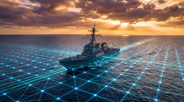 Modern naval destroyer warship sailing on the ocean at sunset with digital blue grid overlay representing advanced maritime technology and global connectivity