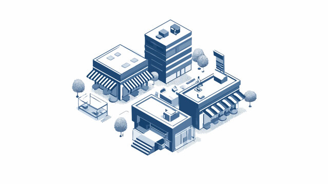 An isometric illustration of a small town center with various commercial buildings