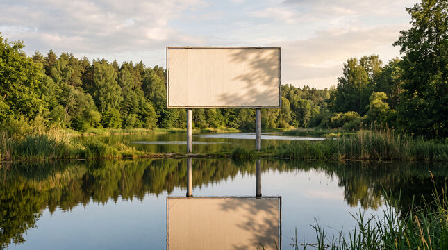 Large blank billboard standing on the edge of a calm river surrounded by lush green trees and forest under a soft evening sky at sunset