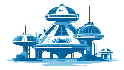 A futuristic research station with multiple domes stands on a flat surface © bramasta