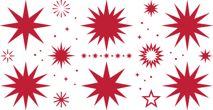 Sparkling Starburst and Sparkle Vector Icon Set with Festive Red Stars, Flashes, and Twinkle Elements for Holiday Graphic Designs, Websites, and Celebrations