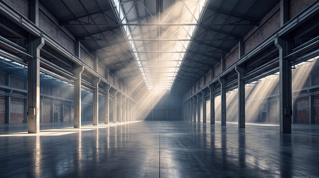 Large empty industrial warehouse interior with bright sunbeams streaming through skylights onto a polished concrete floor and massive structural steel beams