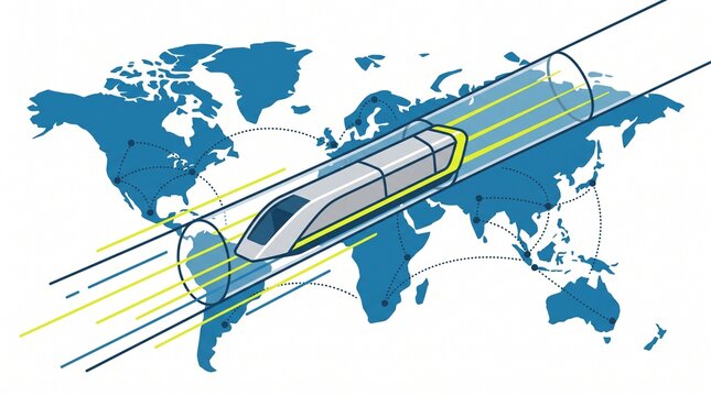 Flat vector illustration of a futuristic high-speed train traveling through a vacuum tube over a world map, representing hyperloop technology and global connectivity