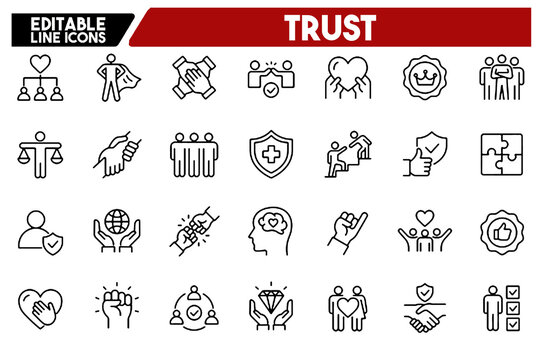 Trust Icon Confidence Promise Trustworthy Friends Truth Faith Sincerity Set Honesty Trusted Collection Handshake Reliance Loyalty Integrity Commitment