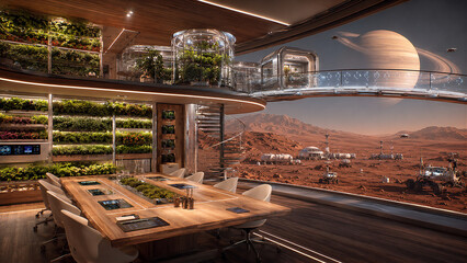 Fototapeta premium An upscaled 3D render of a futuristic space station interior featuring biosphere pods, a skybridge, a large meeting table, and a panoramic window view of a ringed planet.