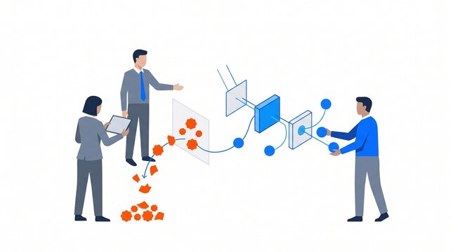 Flat vector illustration of a business team filtering and processing messy raw data into organized structured nodes, representing data analytics