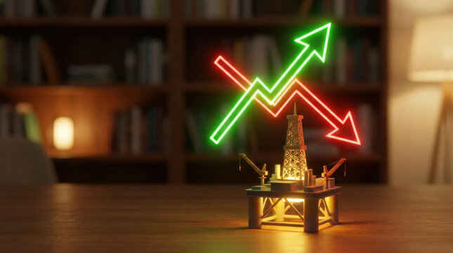 Glowing green upward arrow and red downward arrow above oil rig model in office scene with market contrast
