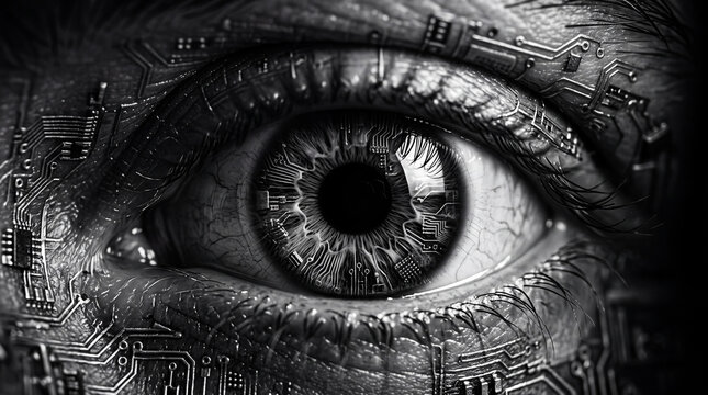 Close up of a human eye integrated with electronic circuit board patterns representing artificial intelligence and cybernetic technology concept