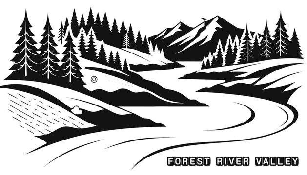 Very beautiful black and white vector of a FOREST RIVER VALLEY with a bold label reading "FOREST RIVER VALLEY", featuring a winding river, evergreen trees, rolling hills, distant mountains, and fine e