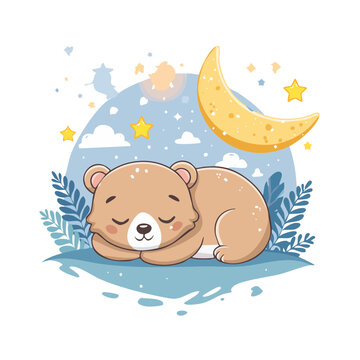 Cartoon sleeping bear under moon and stars