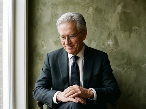 Professional man in a suit looking down with a gentle smile, a portrait capturing a moment of calm reflection