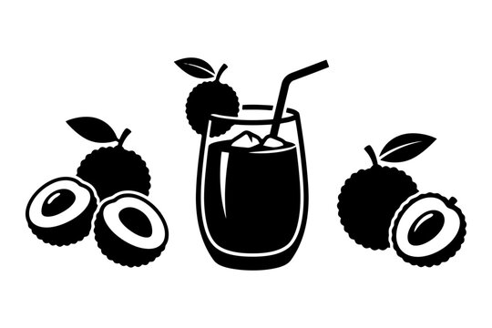 Lychee beverage with fresh lychees and ice in glass outline illustration.