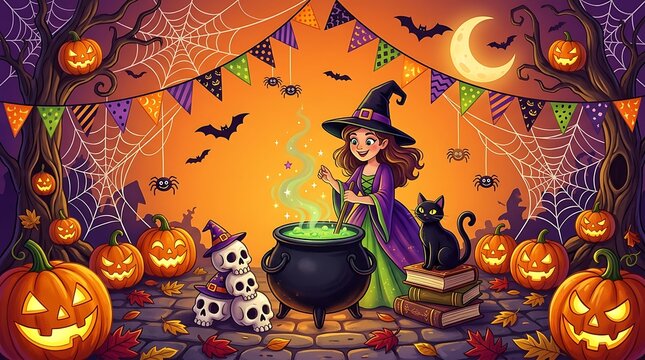 Cute little witch making magic potion for Halloween party illustration