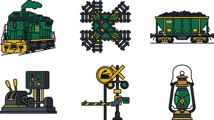 Collection of green train icons including locomotive coal car and railway crossing signal flat vector illustration for transportation and industry themes © Ali