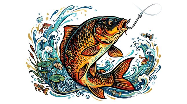 Colorful carp fish jumping on a fishing hook illustration illustration
