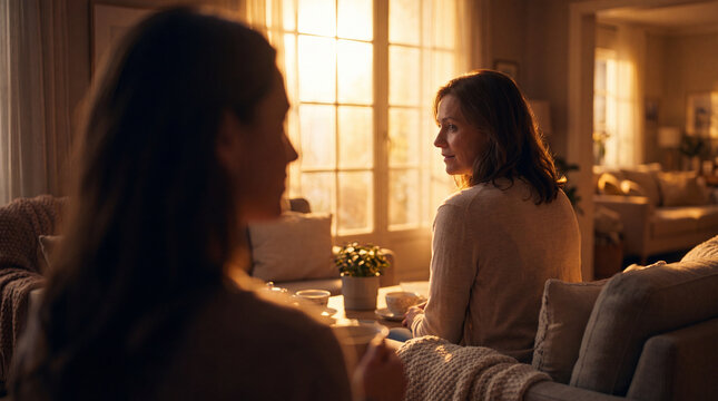 Two women sitting in a cozy living room having a deep conversation over tea during a warm golden hour sunset indoors