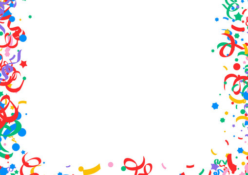 Colorful party confetti and streamers frame border on white background with copy space