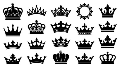 Royal crown silhouette icons set featuring diverse king queen princess tiaras coronets circular spiked frame and luxury heraldic symbols vector illustration © MdIbrahimIslam