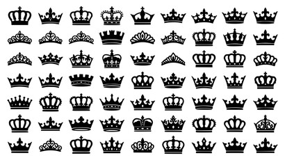 Royal crown and tiara silhouette icons mega set featuring diverse king queen princess imperial coronets and luxury heraldic crest emblems vector illustration © MdIbrahimIslam