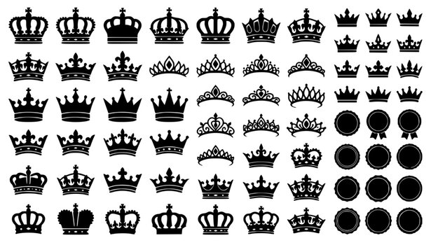 Royal crown and tiara silhouette icons mega set featuring king queen princess coronets luxury headers and award badges vector illustration