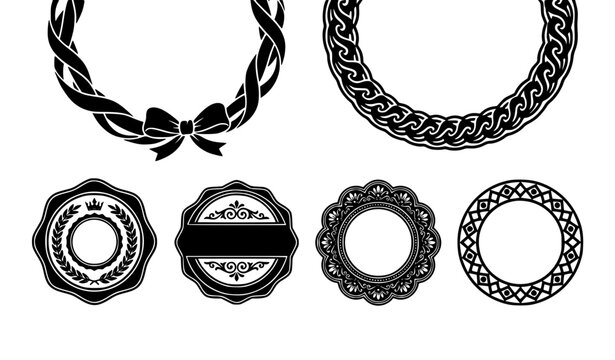 Celtic braid frames and vintage round seal borders silhouette icons set featuring decorative ribbon bow knot patterns for luxury branding design vector illustration